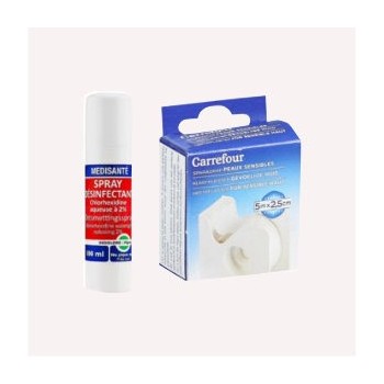 Sparadrap peaux sensibles Carrefour 5MX2CM + Spray désinfectant indolore Medisanté 100ml