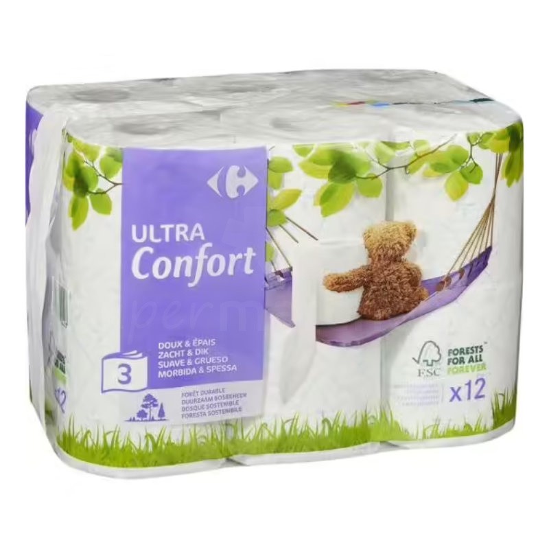 Papier toilette ultra confort 3 épaisseurs Carrefour x 12 rouleaux  | Papier hygiénique