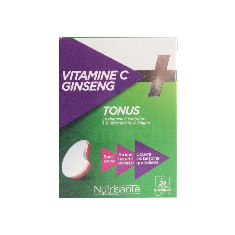 Vitamine C+ Ginseng tonus Nutrisanté 24 Comprimés bi-couches à croquer | Sans Sucre | Complexe énergisant