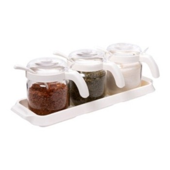 Pots à épices 3x425 cc avec cuillère blanc cassé en verre + plastique