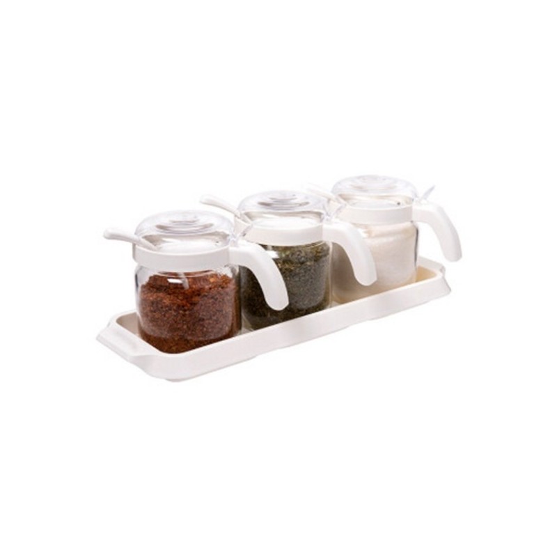 Pots à épices 3x425 cc avec cuillère blanc cassé en verre + plastique