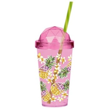 Gobelet + paille 660 cc avec ananas rose plastique