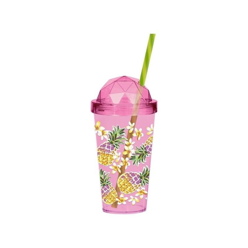 Gobelet + paille 660 cc avec ananas rose plastique