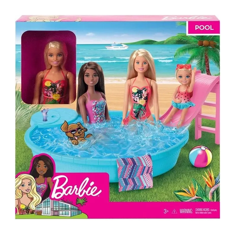 Coffret Barbie - Piscine Glamour Avec Toboggan - Rose - Pour Enfant de 3 ans - Fille